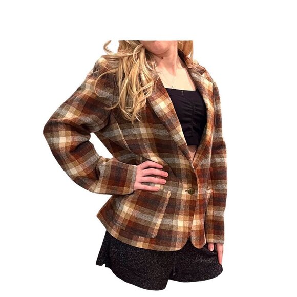 Vintage Plaid Wool Blend Blazer Ladies Size MED Brown Earth Tones MED - Picture 1 of 6